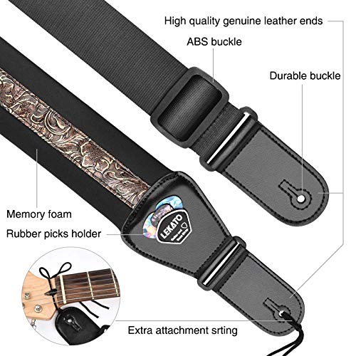 LEKATO Bass Guitar Strap - 3" Wide, Padded, Adjustable 45" to 55", Pick Holder & 2 Safety Strap Locks - color: Brown, size: Regular(45"-55")