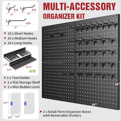 Heavy Duty Metal Pegboard Wall Organizer with 30 Hooks, Shelf and Tool Rack | Extra thick rustproof metal with 2 storage boxes, drywall anchors and screws for garage, workshop, gym and tool storage