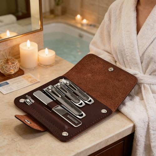10 PCS Professional Nail Care Kit with Leather Case, Stainless Steel Manicure & Pedicure Kit,Slanted Blade Ingrown Toenail Clippers for Thick Toenails(Grey)