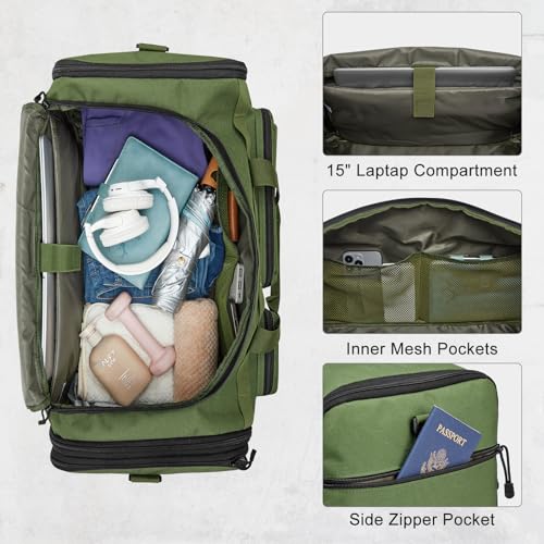 G4Free 3-in-1 Expandable Duffle Bag for Travel Gym, Large Duffel Backpack | 45L to 55L, with Shoes Compartment & Wet Pocket, for Men Women, Green - color: Green