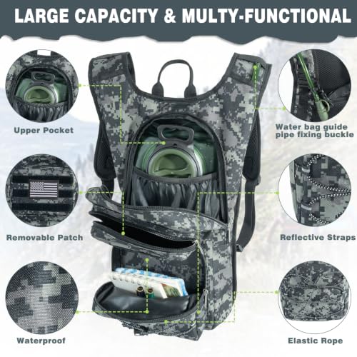 Hydration Backpack, Tactical Molle Water with 3L TPU Water Bladder | Lightweight Military Hydration Daypack for Hiking, Running, Cycling, Climbing, Biking, 105 oz, Breathable Back Panel - color: Black Camouflage