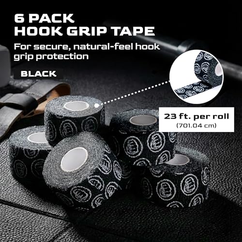 WOD Nation Weightlifting Hook Grip Tape 23ft Roll - 6 Pack 100% Elastic Sweat & Chalk Proof Thumb Tape for Crossfit, Gym, Weightlifting, Pull Ups, Gymnastics, Rowing, Multi-Sport Grip Protection-Black