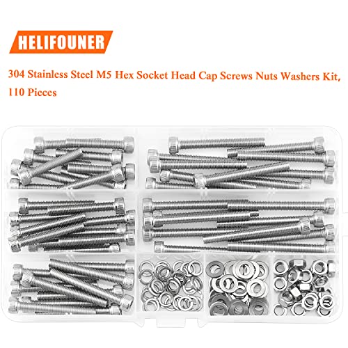 HELIFOUNER 110 Pieces M5 x 30mm /35mm /40mm /45mm /50mm, Hex Socket Head Cap Metric Screws Bolts Washers Nuts Kit, 304 Stainless Steel - size: M5 x 30/35/40/45/50mm