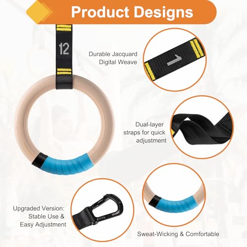 Wooden Gym Rings, 9ft Numbered Double-Layer Quick Adjust Straps | Sturdy wooden gymnastic rings build upper body and core strength for daily bodyweight fitness and muscle shaping routines