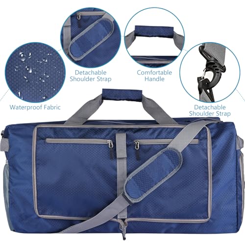 60L Duffle Bag with Shoes Compartment - Foldable&Large Capacity Travel Duffel Bags, Lightweight & Water-Resistant Gym Bag - Dark Blue - color: 60L - Dark Blue