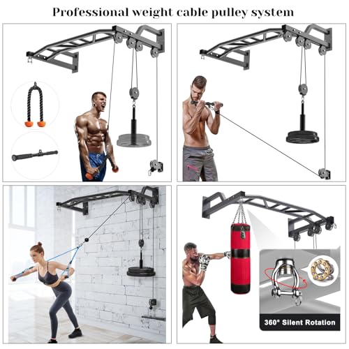 SELEWARE 48'' Heavy Duty Wall Mount Pull Up Bar with Cable Pulley System | Multi-function Chin up Bar with Cable Pulleys LAT Pulldown Attachments Heavy Bag Hanger for Home/Garage Gym Strength Training - color: A. Black Pull Up Bar with Cable Pulley System