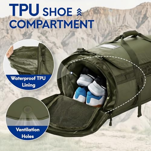 Haimont Heavy Duty Convertible Travel Duffel Backpack, Army Green, 60L | Shoe Compartment, Water-Resistant Tarpaulin, Wide U-Shaped Opening - color: Green, size: 60L