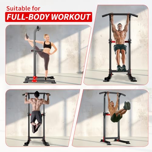 ZENOVA Pull Up Bar Dip Bar Squat Rack Workout Dip Station Height Adjustable Free Standing Chin Up Bar - color: Black&Red
