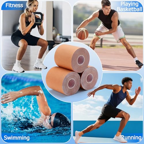 3 Rolls Kinesiology Tape, Waterproof, 3in x 5.5yd, Beige | Waterproof & Sweat-Resistant, Breathable Latex-Free Cotton, For Shoulder, Knee, Fit Sports, Workouts & Active Training - color: Beige 3in