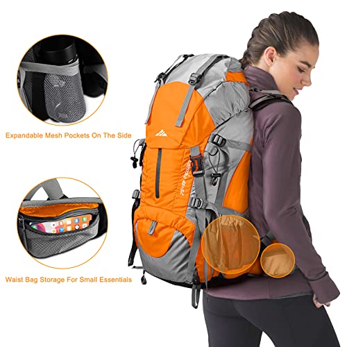 Loowoko 50L Hiking Backpack, Waterproof Camping Essentials Bag with Rain Cover, 45+5 Liter Lightweight Backpacking Back Pack - color: Orange