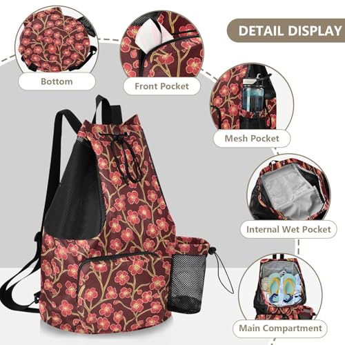 Draw String Back Bag Climbing Gym Bag With Pockets Pull String Bag Waterproof Cherry Blossom Red Brown
