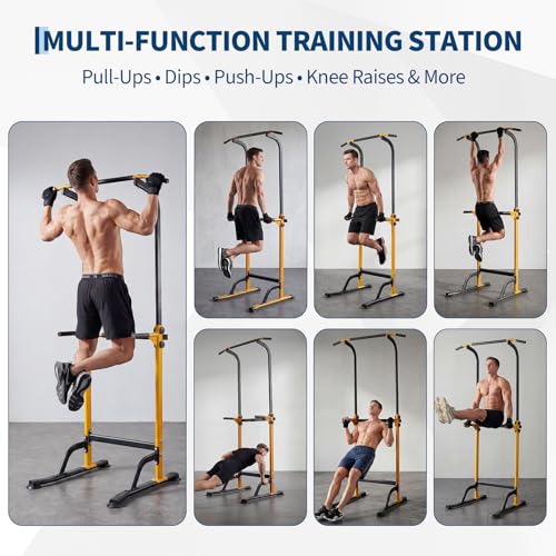 Power Tower Pull Up Bar Station - 330 LBS Stable Multi-Function Gym Dip Station for Home Strength Training Equipment - 10 Adjustable Heights Heavy Duty Pull-Up Tower with h-Shaped Base & Push-Up - color: Yellow