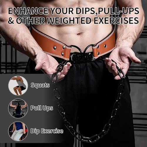 Heavy-Duty Leather Weightlifting Dip Belt with Steel Chain—Weightlifting, Squats, Deadlifts, Weighted pull-ups, Push-ups and Progressive Resistance Training - color: Brown