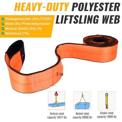 2PCS 3" x10Ft Lift Sling Straps 28000LBS Heavy Duty Tow Strap | Heavy Duty Nylon Webbing Sling,28000 LBS Capacity Eye-to-Eye Lifting Straps for Hoist,Winch,Tree Saver & Recovery Towing