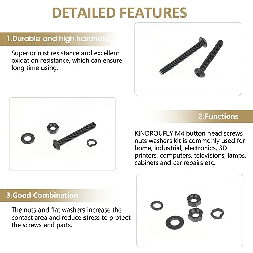 202 Pieces Black M4 x 30/35 /40/45 /50 mm Button Head Socket Cap Screws Nuts Washers Assortment Kit, 10.9 Grade Alloy Steel - size: M4 x 30/35/40/45/50mm, style: Button Head