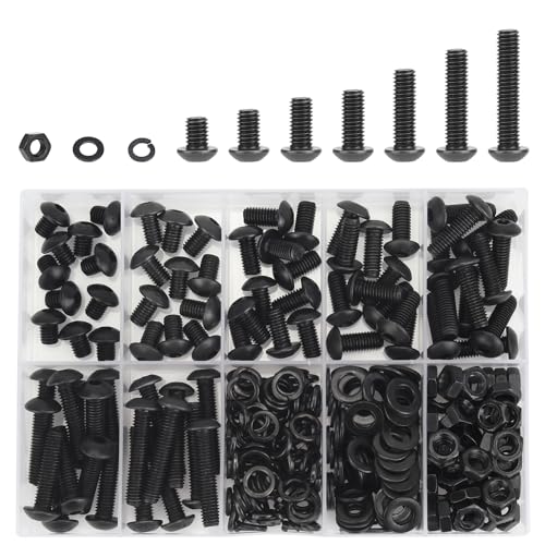 DYWISHKEY 246 Pieces M5 Black Screws, 10.9 Grade Alloy Steel M5x 6/8 /10/12 /16/20 /25mm Button Head Socket Cap Screws Bolts Nuts Washers Assortment Kit - size: M5, style: Button Head Socket Cap