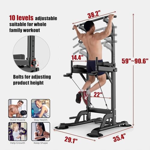 Tappio Power Tower Pull Up Bar for Home Gym, Multi Functional Pull Up Bar Stand Dip Bar Station, Adjustable Height Workout Dip Station Strength Training Fitness Equipment - color: Black-02