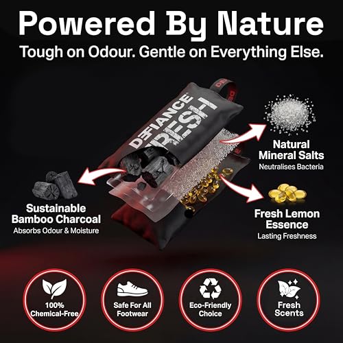 Defiance Fresh Shoe Deodorizer, Shoe Odor Eliminator, Natural Freshener | Natural Bamboo Charcoal, Lemon & Ocean Scent, 2 Pack, Shoe Deodorizing Inserts, Long Lasting, Reusable, Odor Remover shoes,