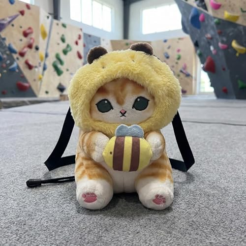 Cat Rock Climbing Chalk Bag, Fun Plush Animal Chalk Pouch with Drawstring, Adjustable Waist Belt for Indoor Outdoor Bouldering Sport Climbing - style: Large Bee Cat