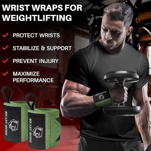 TECEUM Elastic Cotton Weightlifting Wrist Wraps with Thumb Loops, 1 Pair - color: Military Green, style: 12" – Beast Mode