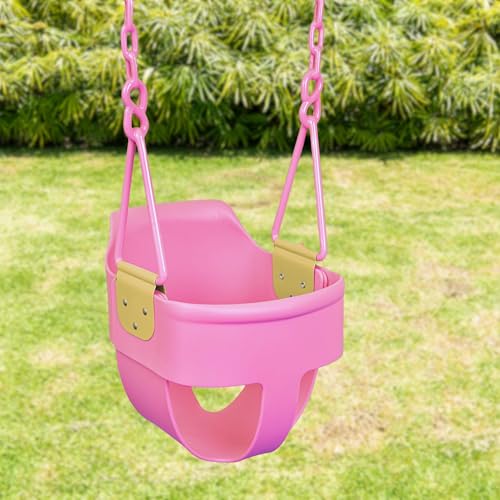 Premium High Back Full Bucket Toddler Swing Seat with Finger Grip, Plastic Coated Chains and Carabiners for Easy Install - Pink - Squirrel Products - color: Pink