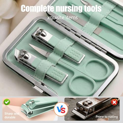 Manicure Kit for Women Men-Manicure Set with Case, Nail Clippers, Portable Nail Care Kit for Travel Home Personal Grooming（Matcha Green 7 in 1） - color: Green2
