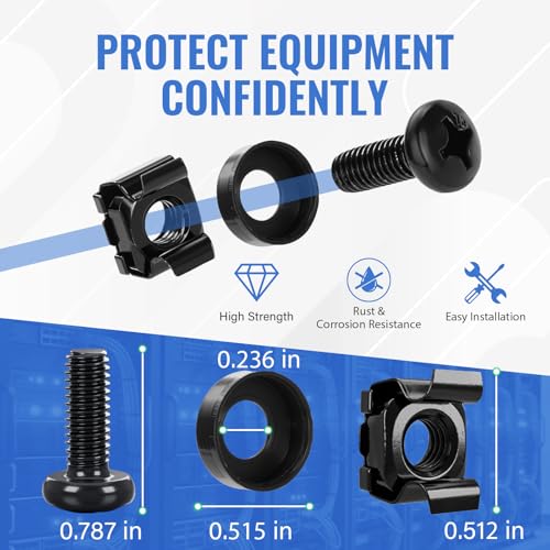 50 Pack M6 x 16mm Rack Mount Cage Nuts, Screws & Washers for Server Cabinet, Network Rack Accessories, Routers - Free Self-Locking Cable Ties