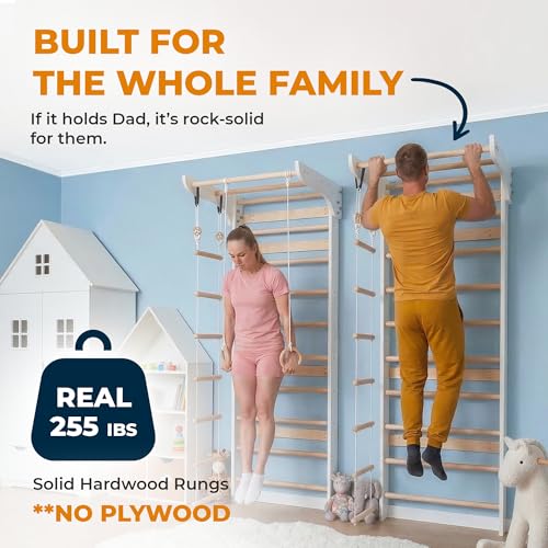 WEDANTA Wooden Swedish Ladder Wall Set – Kids Stall Bars for Exercise – Kids Swedish Gymnastic Wall Gym – Wood Stall Bar Gymnastics Playground – Best Gym for All Family - color: White