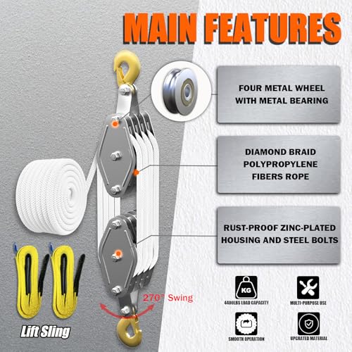 YATOINTO Rope Pulley Hoist 4400 LB, 8:1 Lifting Power Pulley Block and Tackle System, Pulley Block 2200LB Loading Capacity, 65ft Heavy Duty Rope Hoist for Lifting Pulling (with 2PCs Straps) - color: White, size: UPGRADED-4wheels+2pcs straps