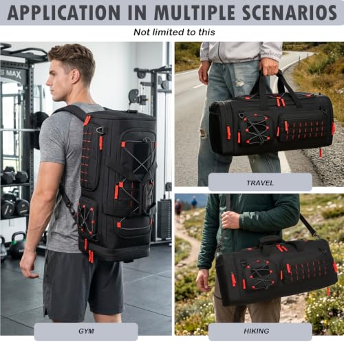 50L Tactical Gym Bag for Men and Women with Shoe & Laptop Compartment | Extra Large Duffle Bag, 3-in-1 Travel Sports Duffel Bags MOLLE Weekender Overnight Bag for Gym, Travel, Black+Red - color: Black+Red