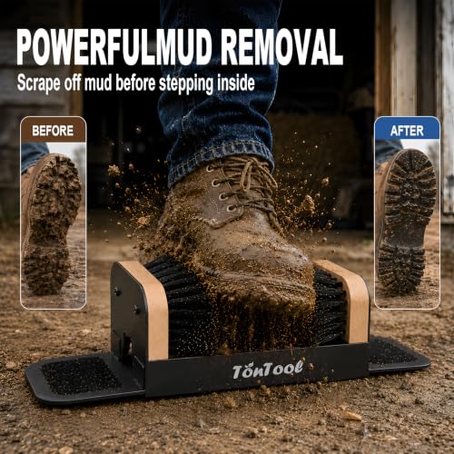 Boot Brush Scraper Outdoor Heavy Duty Boot Cleaner Brush Outdoor with Natural Stiff Bristles Boot Scrapers with Brushes Outdoor Steel Frame Non-Slip Base Foldable Side Wings Wall Mount or Freestanding