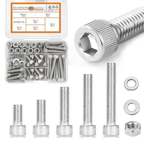 136 PCS M8 Screws Assortment Kit, Hex Socket Head Screws Nuts Bolts and Washers Set, 304 Stainless Steel Metric Machine Screws,16/20/30/40/45/50mm Metric Hex Head Socket Cap Bolt & Nut Assortment - size: M8 - 136PCS