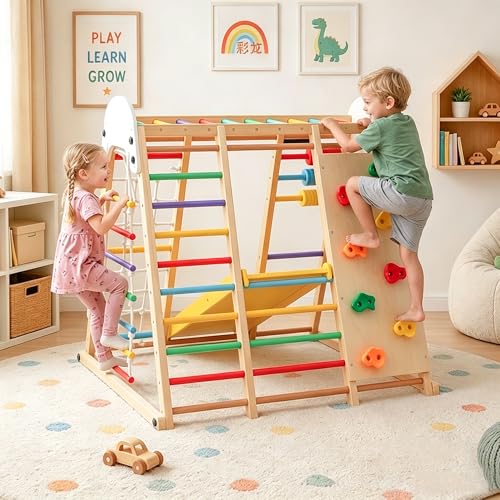 Large Wooden Indoor Jungle Gym 9-in-1 Playground Climbing Toys for Kids Ages 2-6, Waldorf Style Wooden Climber Playset with Slide, Monkey Bars, Ladder, Rope Ladder, Rock Climbing, Swing (9-in-1) - size: 9-in-1