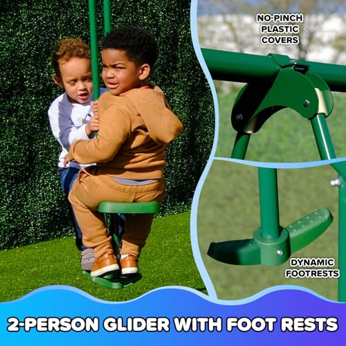 Sportspower Swing Climb and Glide Metal Swing Set 6 in 1: Heavy-Duty A-Frame, Belt Swing, Glider, Saucer, Climbing & Net Ladders (Green)