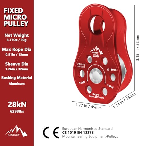 Fixed Plate Micro Pulley, 28KN CE Certified General Purpose Small Aluminum Rope Pulleys Slack Tender for Hauling/Rigging/Climbing/Aloft Work/Rappelling etc (Pack of 2(28KN Pulley Red)) - color: Pack of 2(28KN Pulley Red)