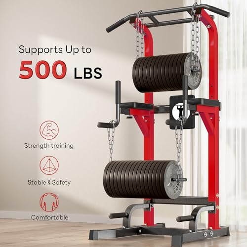 SogesPower Power Tower Pull Up Bar Station Multi-Function Dip Station | Adjustable Height Pull Up Dip Station Dip Bar Strength Training Fitness Equipment,Up to 500LBS - color: Red