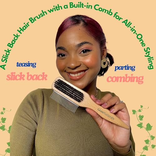 GranNaturals Boar Bristle Slick Back Hair Brush w/ Comb for Smoothing Sleek Ponytail Bun - Wide Rat Tail & Metal Comb Hairbrush for Parting, Teasing, Backcombing, Sectioning, Edge Control, Flyaways