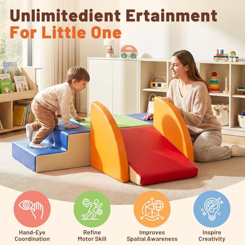 TODIBY 6-Piece Soft PU Leather Toddlers Climbing Toys (XL Size), Baby Foam Climbing Blocks, Extra Large Foam Play Gym Climber Structures for Toddler 3, Indoor Climb and Crawl Activity Play Set - style: XL Classic