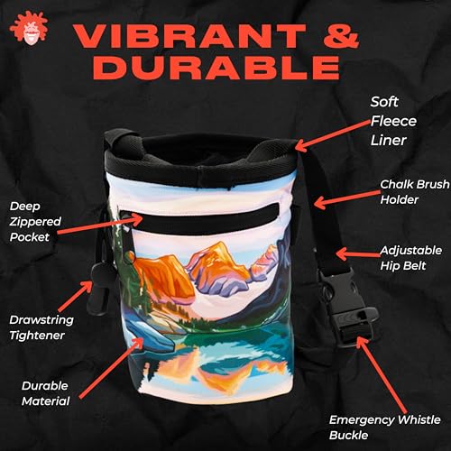 Rock Climbing Chalk Bag | for Outdoor, Gym, & Bouldering | Adjustable Waist Belt, Durable Drawstring Closure, & Zippered Pocket - style: Tetons
