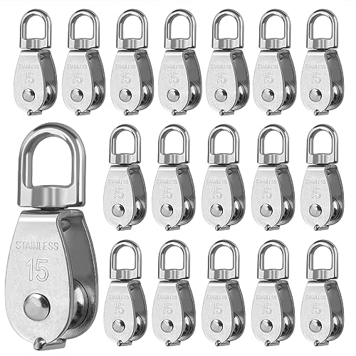 18 PCS M15 Stainless Steel Crane Pulley Blocks with Swivel Hooks, Anti-Rust, Durable Single Pulley Block, Reliable Lifting and Towing Wheels for Wire Rope, Camping, Hiking, and More by GENHAKON