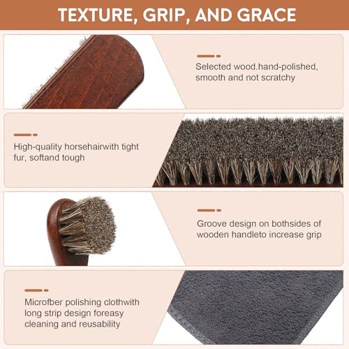 3pcs 100% Horse Hair Shoe Brush Kit Shoe Shine Kit Beech Wood Leather Care Set Suede Boot Cleaner Polish Applicator Dauber Buffing Cloth Soft Natural Bristles Men Gift Box for Boots Shoes Sneakers Car