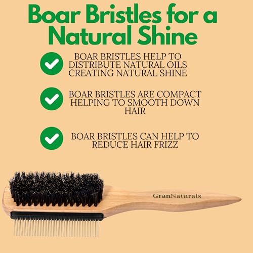 GranNaturals Boar Bristle Slick Back Hair Brush w/ Comb for Smoothing Sleek Ponytail Bun - Wide Rat Tail & Metal Comb Hairbrush for Parting, Teasing, Backcombing, Sectioning, Edge Control, Flyaways