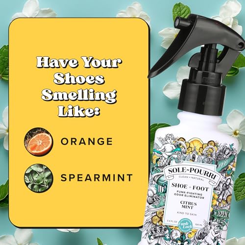 Sole-Pourri Shoe Deodorizer + Foot Spray, 3.4 Fl Oz, Up to 150 Uses, Funk-Fighting Odor Freshener with Essential Oils, for Smelly Shoes, Feet & Gym Bags, Citrus & Mint Scent - size: 1 Ounce (Pack of 1), style: Citrus Mint