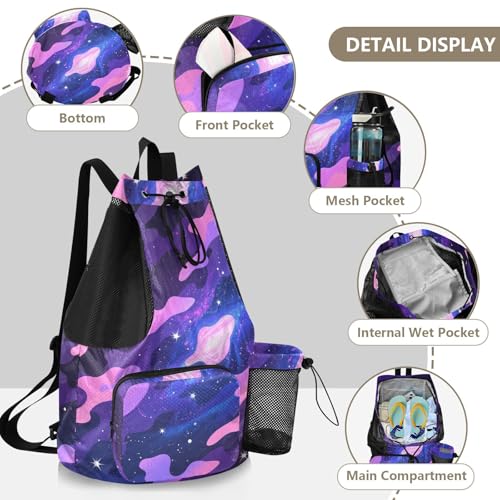 Drawstring Climbing Gym Bag With Water Bottle Holder Drawstring Gym Bags For Men Women with Wet Dry Compartments Camouflage Starry Purple Black Blue