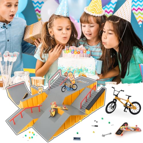 CS COSDDI Finger Skateboard Park Kit, 14 in 1 Skate Park Set with 8 Fingerboards, 14 Ramps, Half Pipe & Finger Bike, Mini Skate Toy for Kids & Adults,Yellow - color: Style -1810-12c