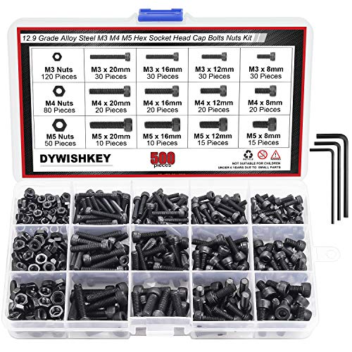 DYWISHKEY 500 Pieces M3 M4 M5, 12.9 Grade Alloy Steel Hex Socket Head Cap Bolts Nuts Assortment Kit with Hex Wrenches - size: M3 M4 M5, style: Socket Head