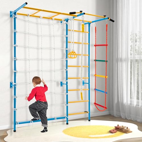 HONEY JOY Climbing Toys for Toddlers, Upgrade Metal Indoor Kids Gym for Solid Wall, Playground and Climbing Exercise Set with Rope Ladder, Pull-up Bar, Monkey Bars, Gymnastic Rings (7 in 1) - size: 7 In 1