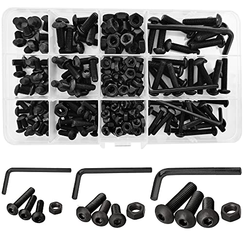 219 Pcs M6/M5/M4 Black Button Head Nuts and Bolts, Socket Cap Screws Nuts Assortment Kit, Allen Hexagon Round Mushroom Machine Screws Assortment Set - size: Black Round Head