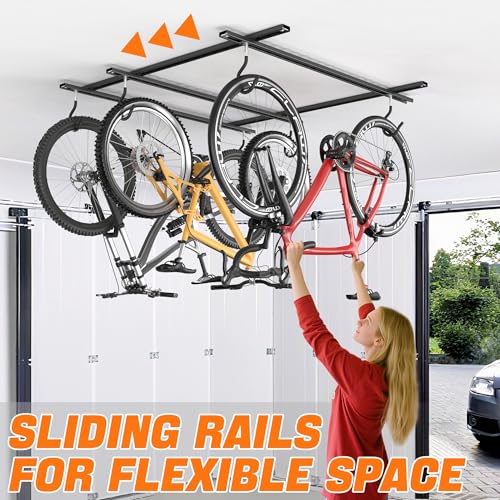 TORACK Ceiling Bike Rack for Garage, Ceiling-Mounted Bicycle Storage Hooks for 3 Bikes (Horizontal) or 6 Bikes (Vertical), Adjustable Overhead Bicycle Hooks for Mountain, Road Bike - style: 3 bikes horizontal