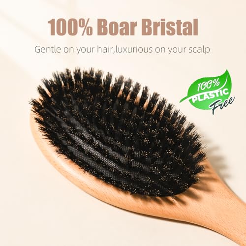Boar Bristle Hair Brush, 100% Soft Bristle Brush for Fine Thin Hair | Beech Wood Handle, Gentle Scalp Massage, Smooths Frizz, Distributes Natural oils. Women, Kids & Toddler gift - color: Pale Oak